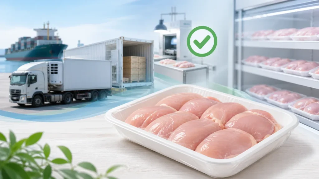 輸入鶏肉の流通と検査をイメージした画像