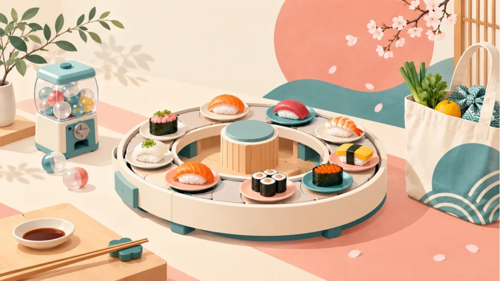 寿司と家で遊ぶ小物を表すイラスト