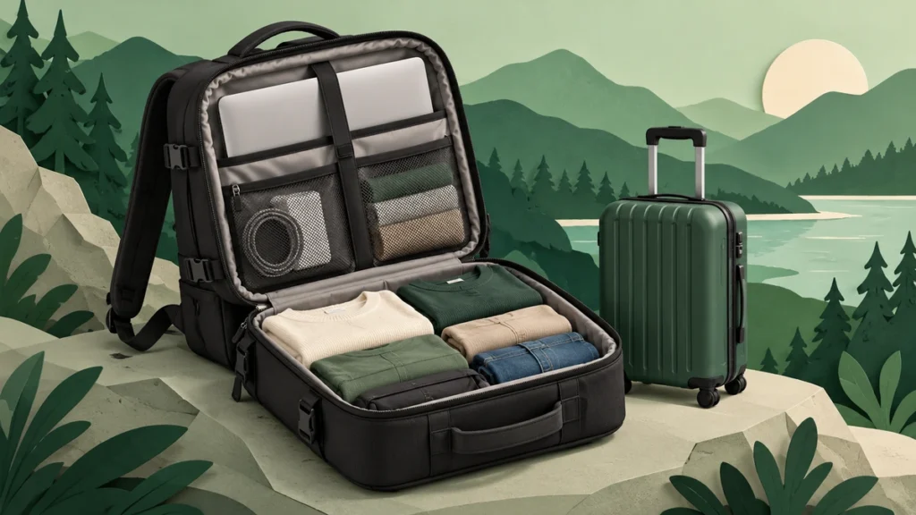 旅行用リュックの収納を表すイラスト