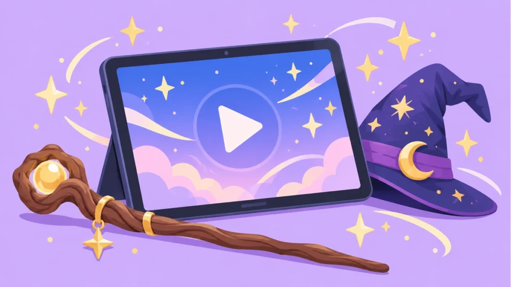 無料アニメ配信を表すタブレットとファンタジー小物のイラスト