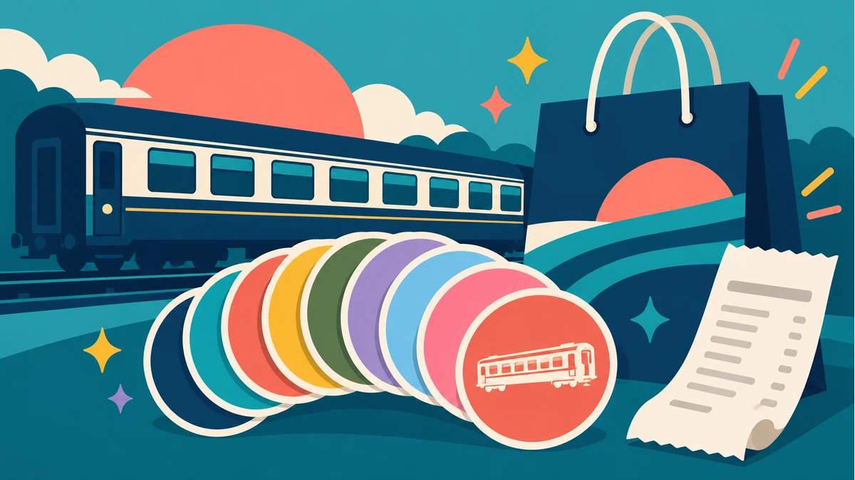 アウトレット企画を表す列車と買い物袋のイラスト