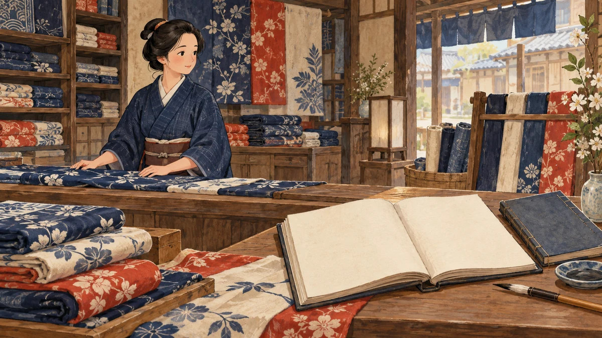 江戸時代の呉服商をイメージした架空の女性と反物、史料調査を表す帳面のイラスト